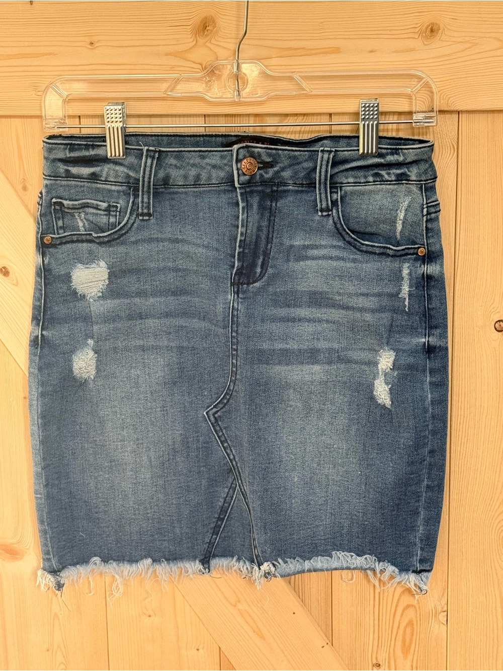 Celebrity Pink Distressed Blue Denim Mini Skirt with Raw Hem